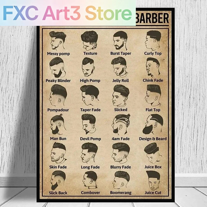 Home Barber - Frameloze, retro soorten kapsels kapper poster
